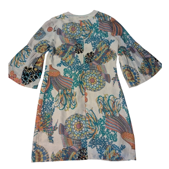 Trina Turk U Neck Bell Sleeve Cotton/Metallic Stripes Colorful Shift Dress Sz 6 - Picture 3 of 10